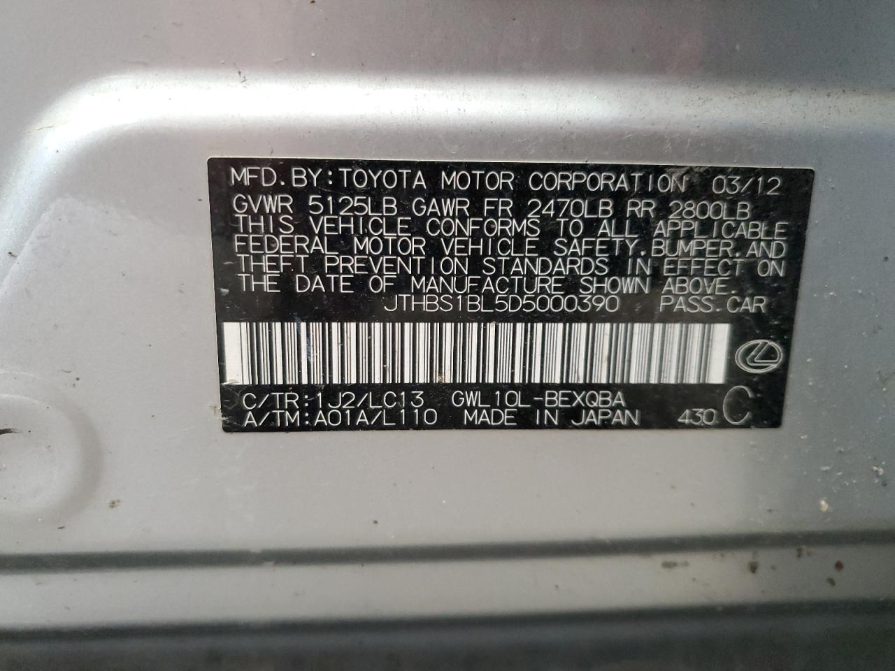 2013 Lexus Gs 450H VIN: JTHBS1BL5D5000390 Lot: 89522185