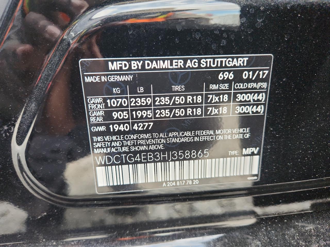 2017 Mercedes-Benz Gla 250 VIN: WDCTG4EB3HJ358865 Lot: 86100605