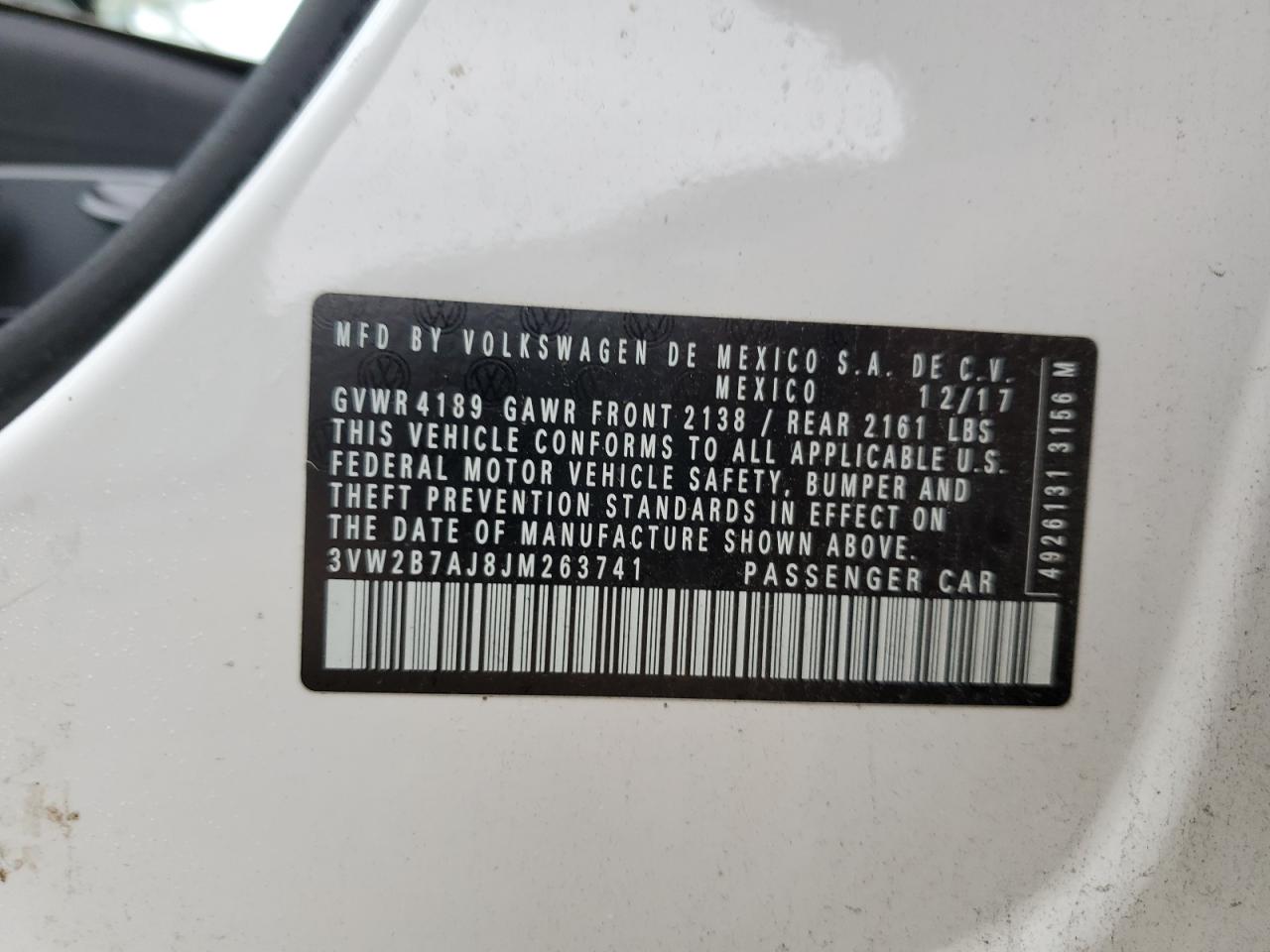 2018 Volkswagen Jetta S VIN: 3VW2B7AJ8JM263741 Lot: 86326115