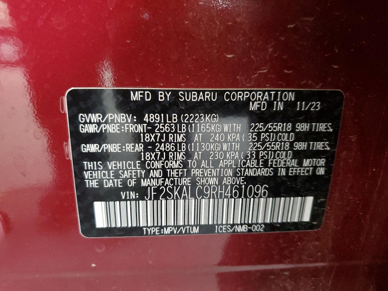 2024 Subaru Forester Limited VIN: JF2SKALC9RH461096 Lot: 82343545