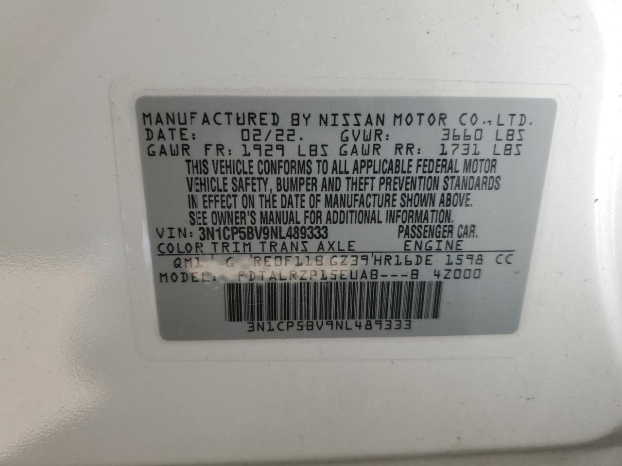 2022 Nissan Kicks S VIN: 3N1CP5BV9NL489333 Lot: 85307115