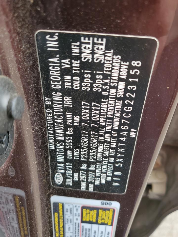 2012 Kia Sorento Base VIN: 5XYKT4A67CG223158 Lot: 85124945