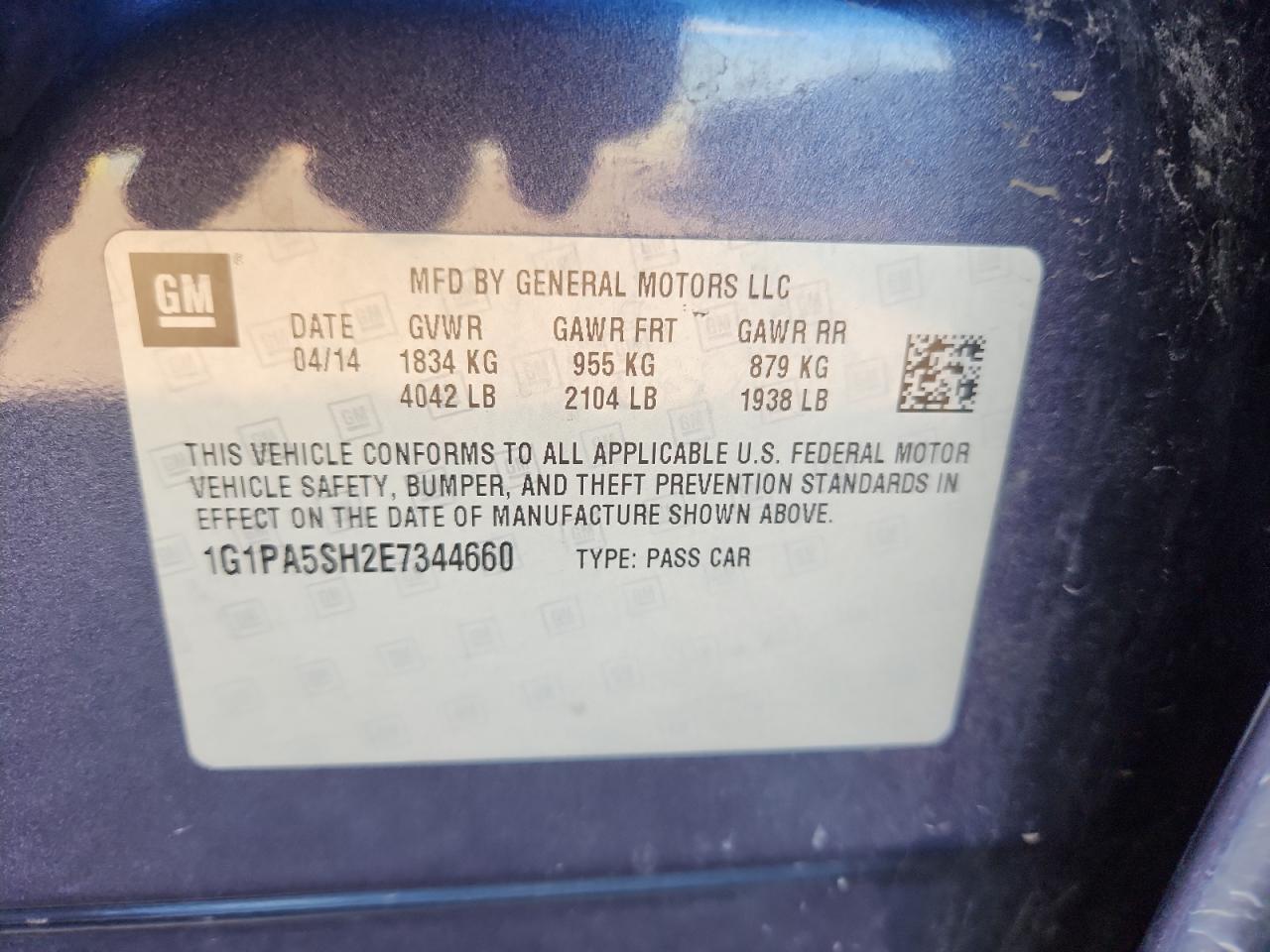 2014 Chevrolet Cruze Ls VIN: 1G1PA5SH2E7344660 Lot: 85916805