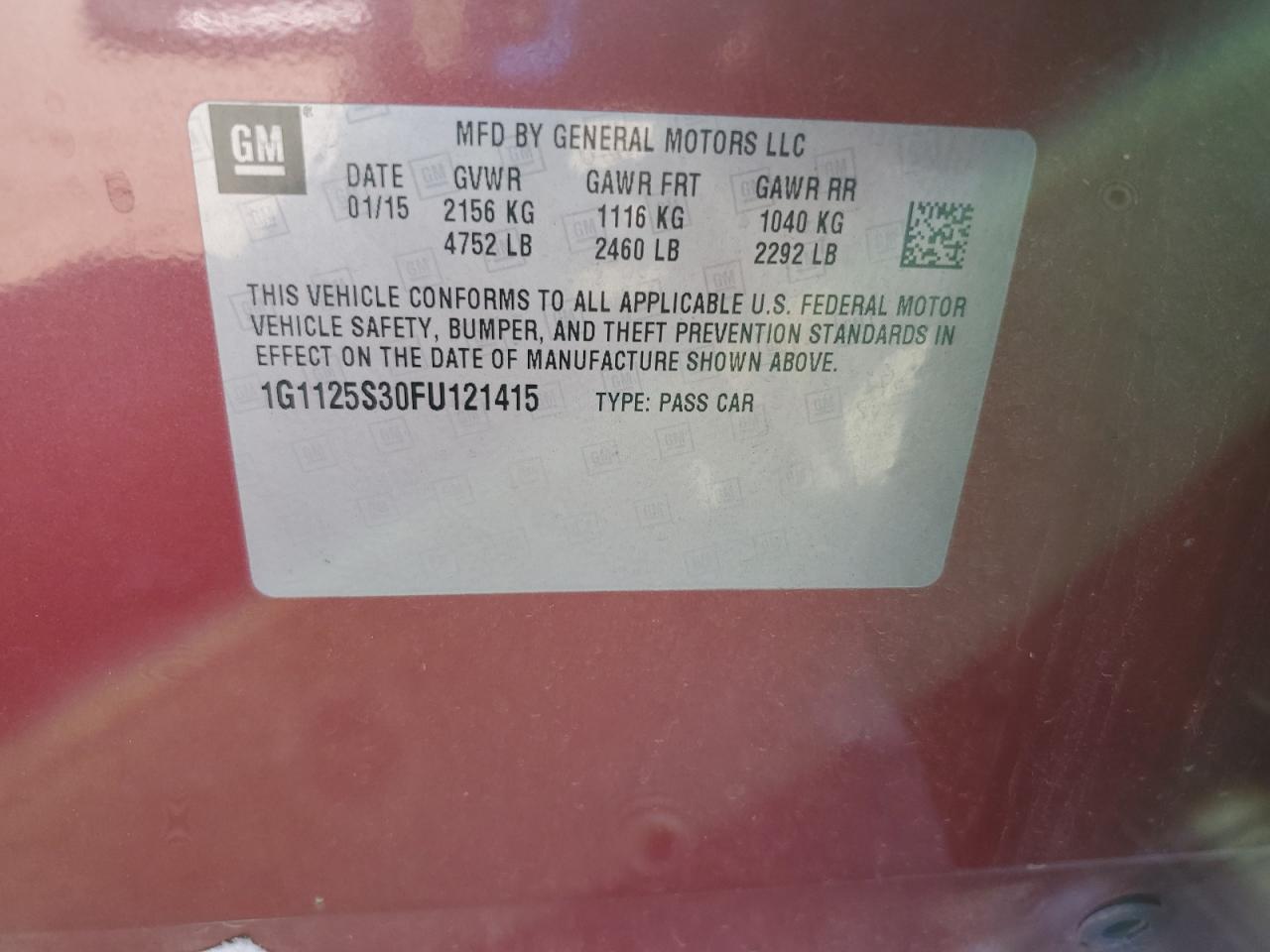 2015 Chevrolet Impala Lt VIN: 1G1125S30FU121415 Lot: 84073965