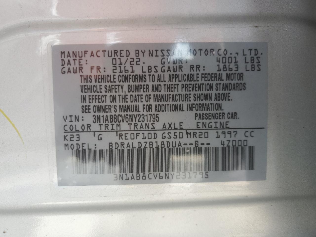 2022 Nissan Sentra Sv VIN: 3N1AB8CV6NY231795 Lot: 84953335