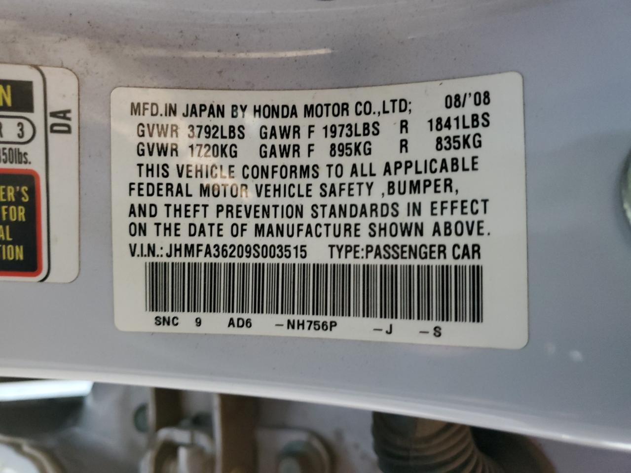2009 Honda Civic Hybrid VIN: JHMFA36209S003515 Lot: 87080895