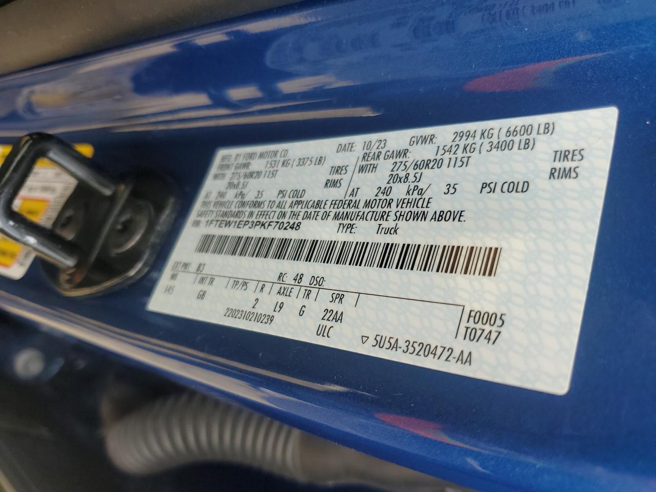 2023 Ford F150 Supercrew VIN: 1FTEW1EP3PKF70248 Lot: 86319055