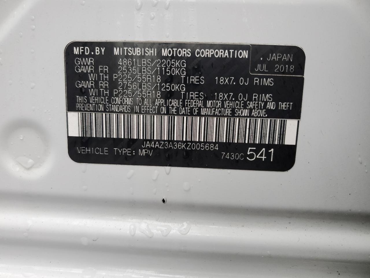 2019 Mitsubishi Outlander Se VIN: JA4AZ3A36KZ005684 Lot: 86223955