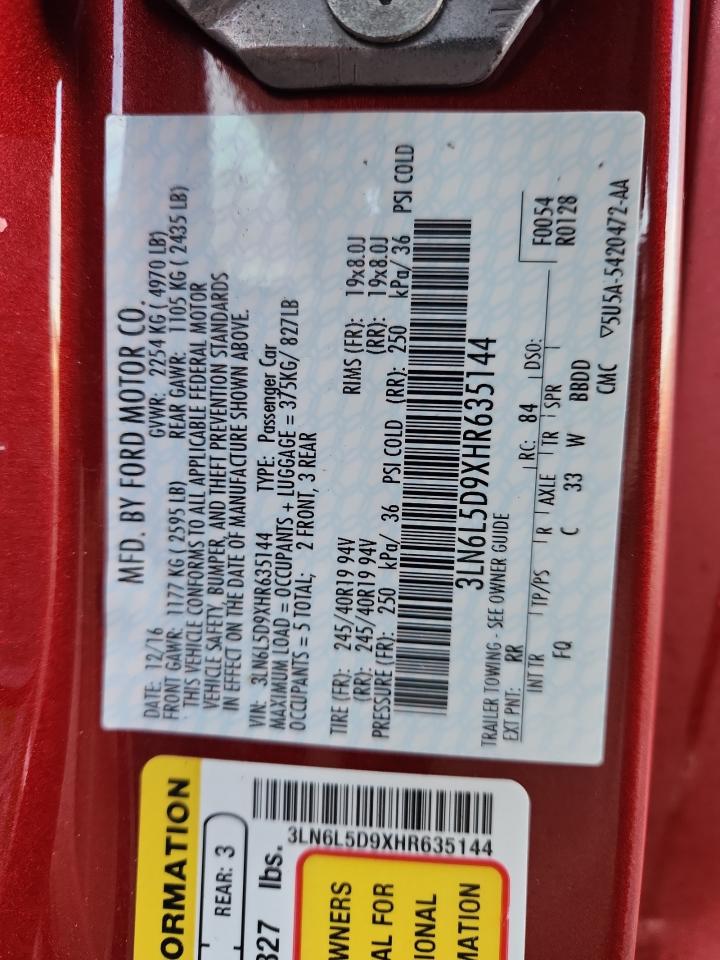 2017 Lincoln Mkz Select VIN: 3LN6L5D9XHR635144 Lot: 86116015