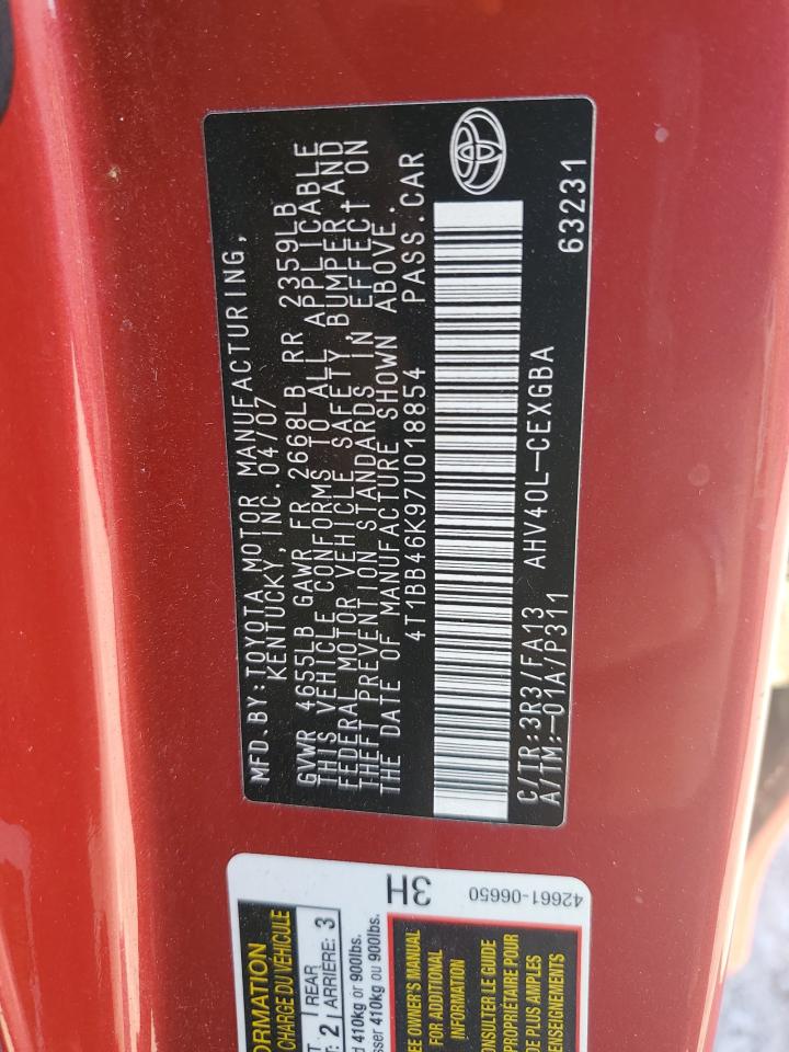 2007 Toyota Camry Hybrid VIN: 4T1BB46K97U018854 Lot: 86250145