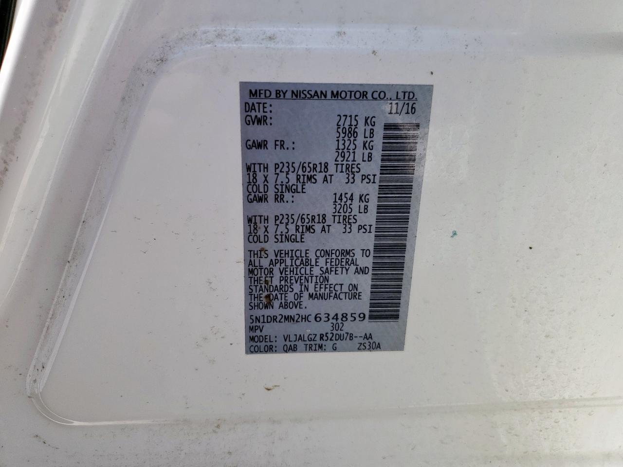 2017 Nissan Pathfinder S VIN: 5N1DR2MN2HC634859 Lot: 86109685