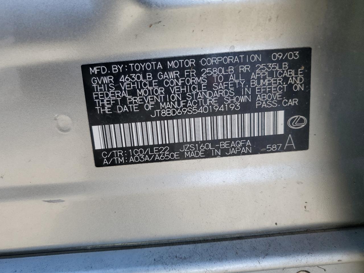 2004 Lexus Gs 300 VIN: JT8BD69S540194193 Lot: 86845635