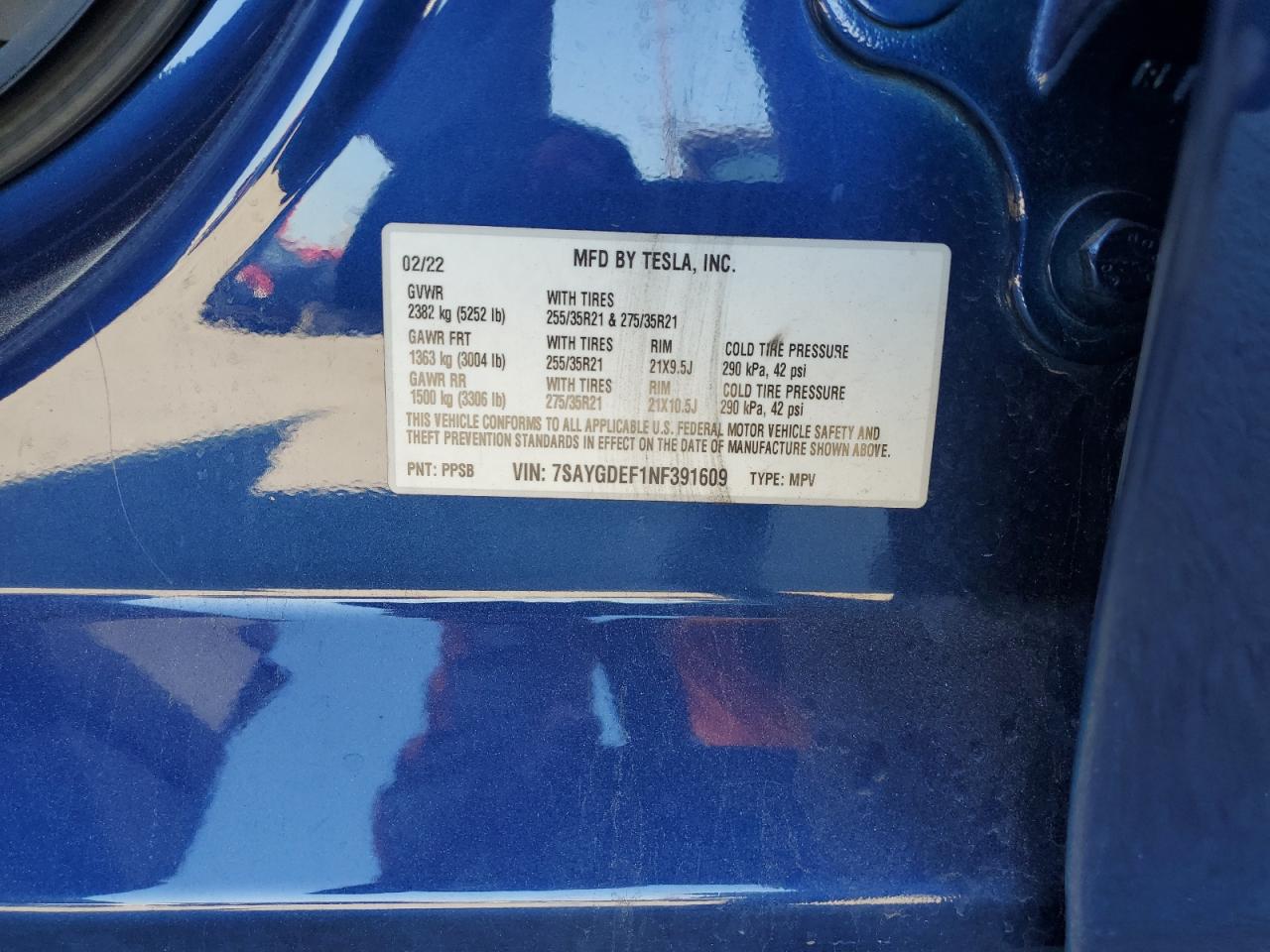 2022 Tesla Model Y VIN: 7SAYGDEF1NF391609 Lot: 89439905