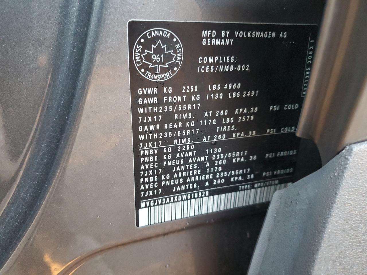 2013 Volkswagen Tiguan S VIN: WVGJV3AXXDW618928 Lot: 84261805