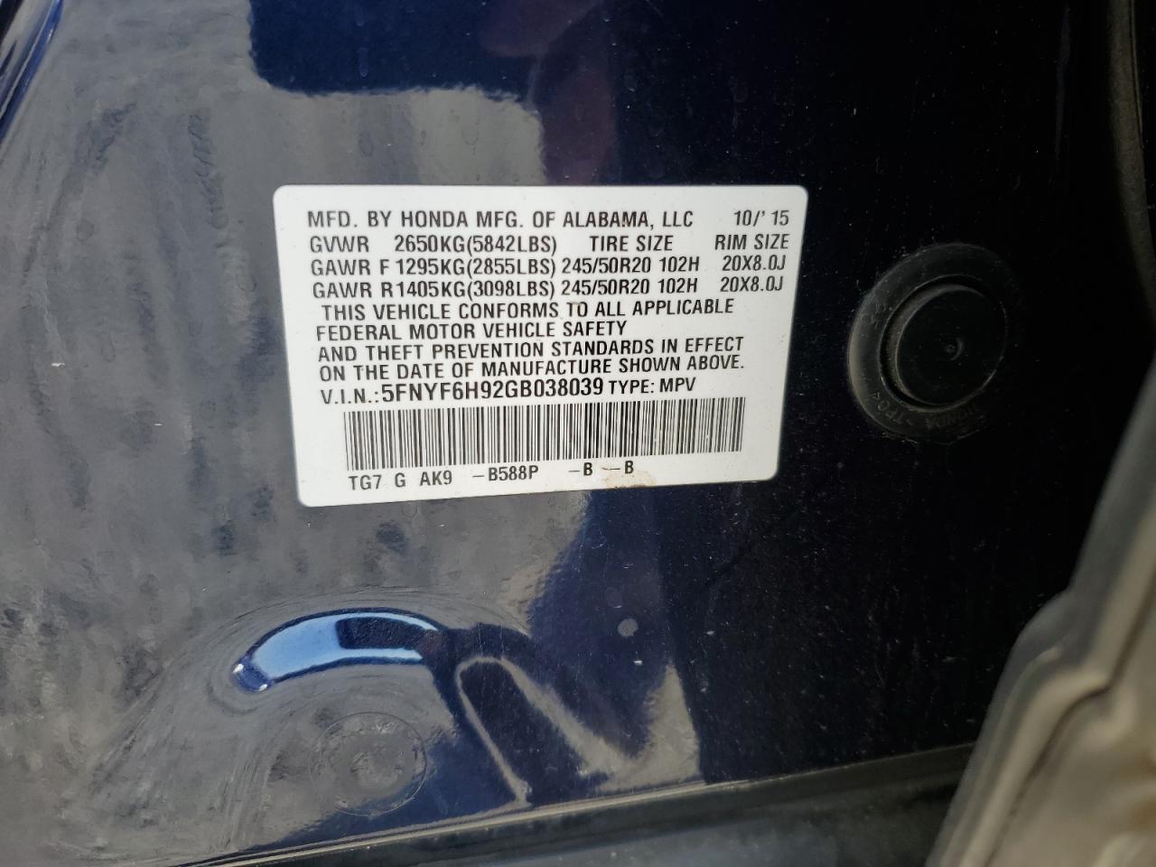 2016 Honda Pilot Touring VIN: 5FNYF6H92GB038039 Lot: 82610365