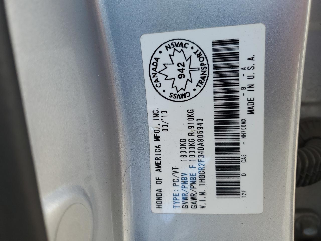 2013 Honda Accord Lx VIN: 1HGCR2F34DA806943 Lot: 81040345