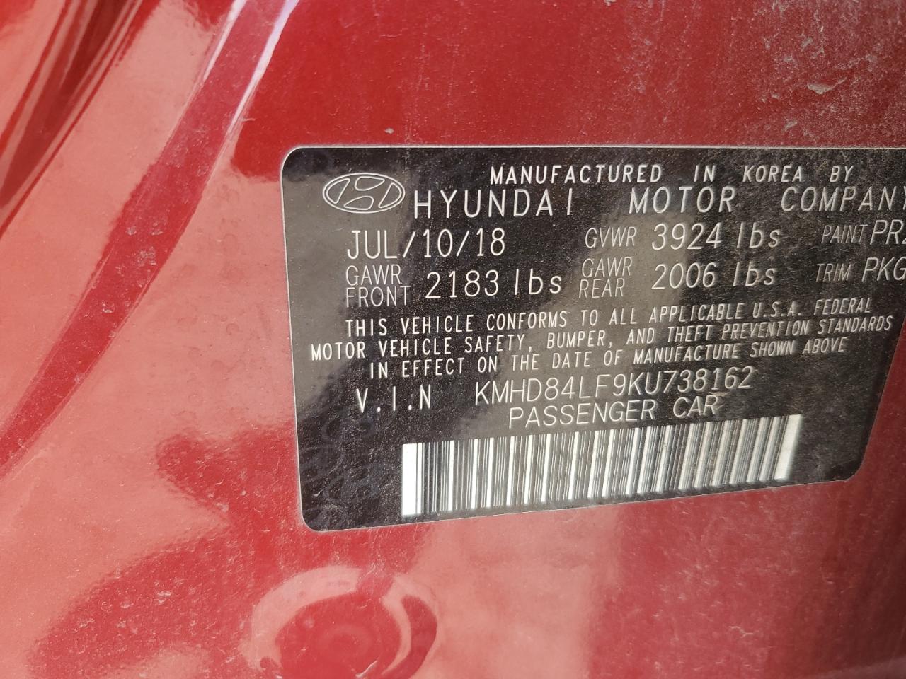 2019 Hyundai Elantra Sel VIN: KMHD84LF9KU738162 Lot: 84860455