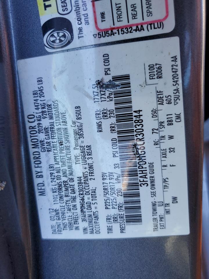 2012 Ford Fusion Se VIN: 3FAHP0HG6CR303844 Lot: 90523805