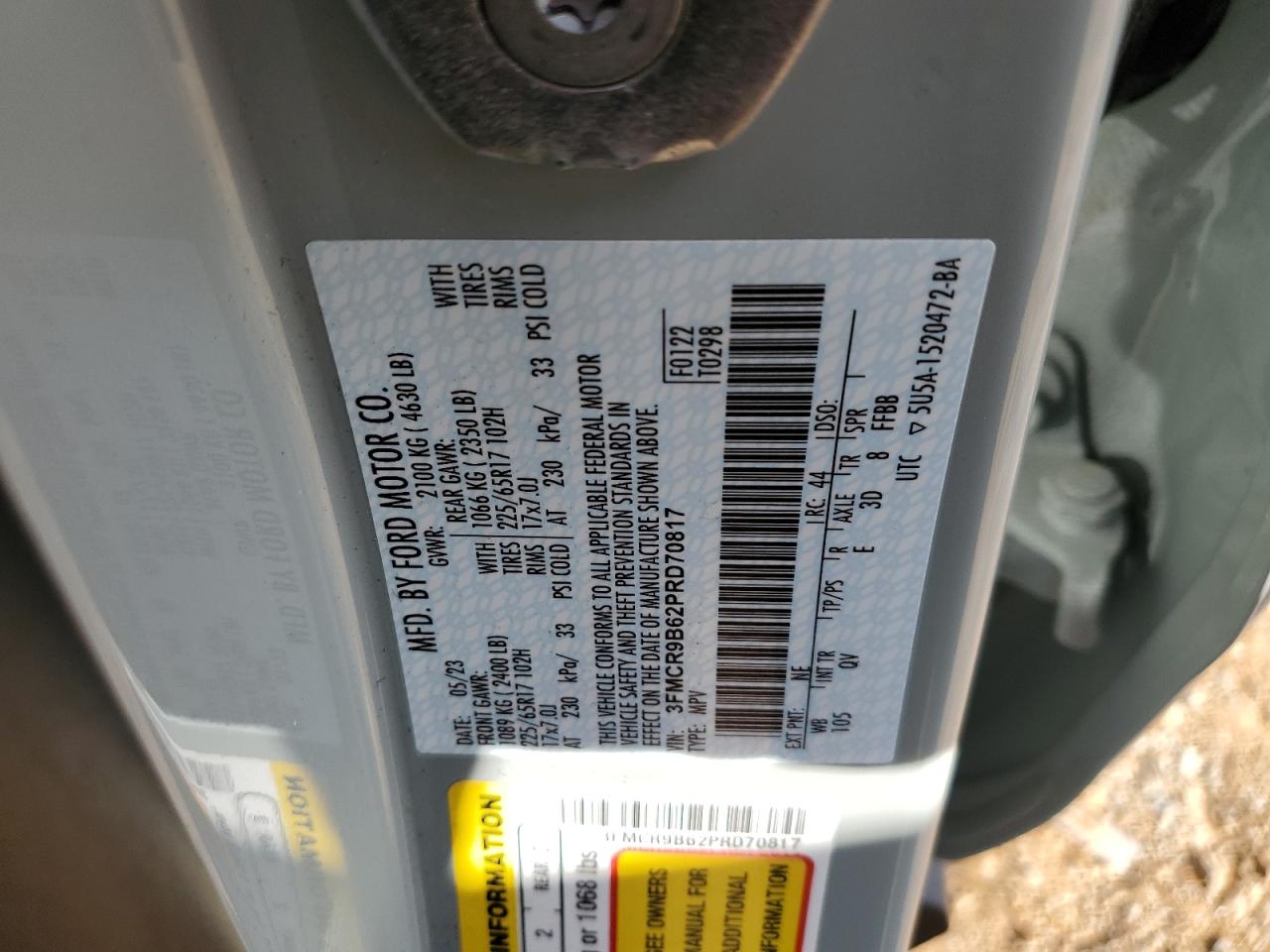 2023 Ford Bronco Sport Big Bend VIN: 3FMCR9B62PRD70817 Lot: 85361975