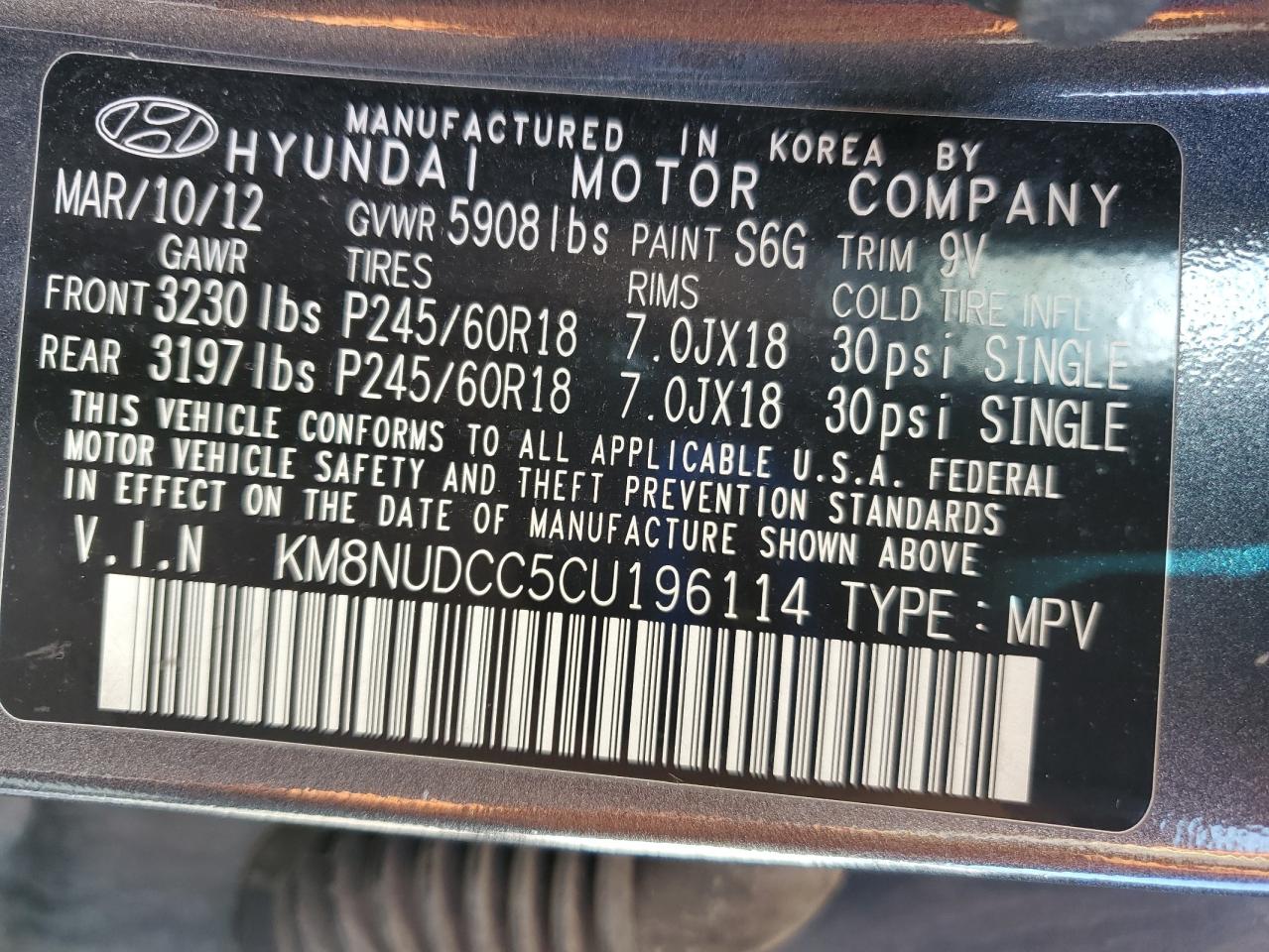 2012 Hyundai Veracruz Gls VIN: KM8NUDCC5CU196114 Lot: 85515255