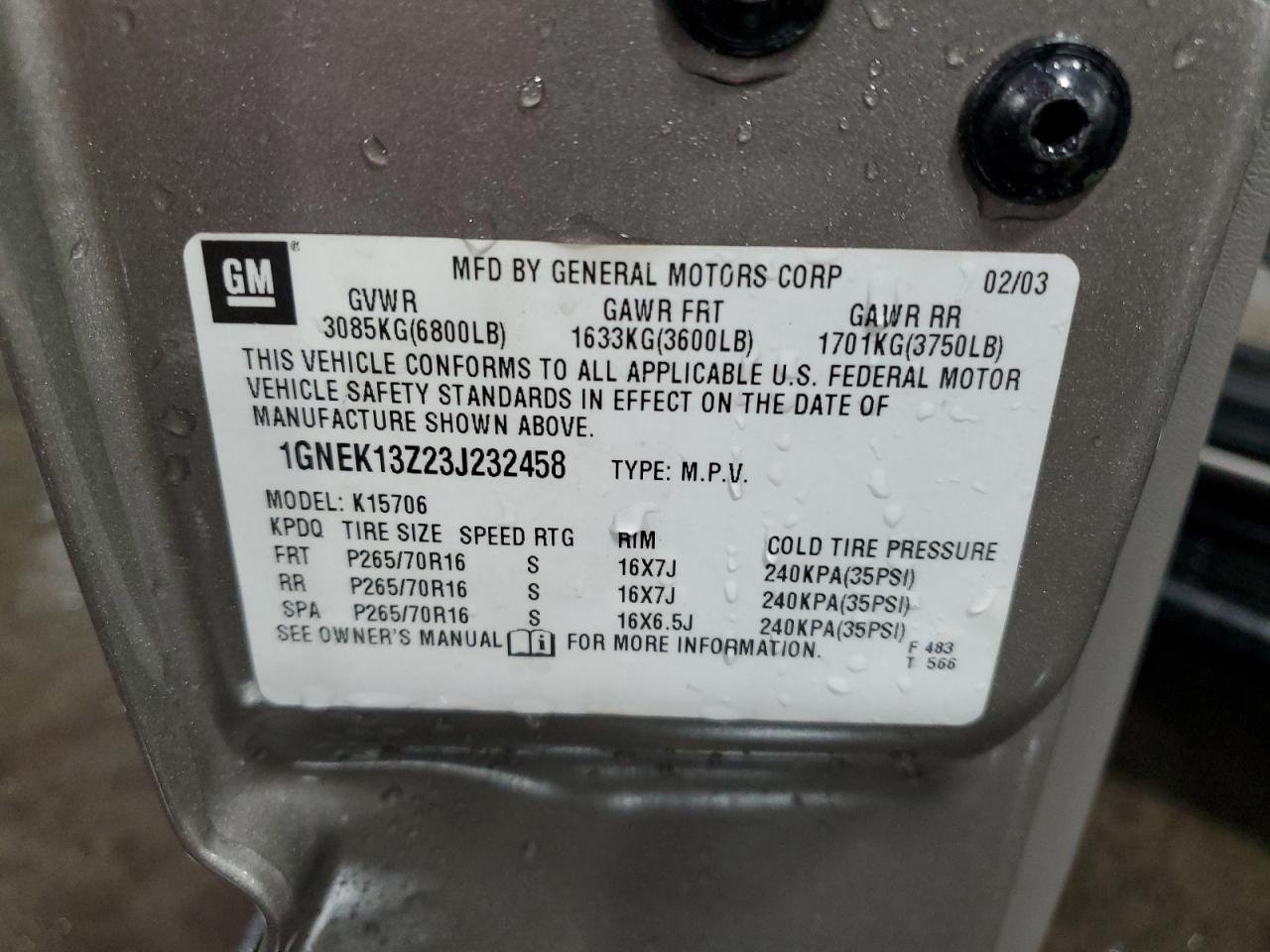 2003 Chevrolet Tahoe K1500 VIN: 1GNEK13Z23J232458 Lot: 85693965