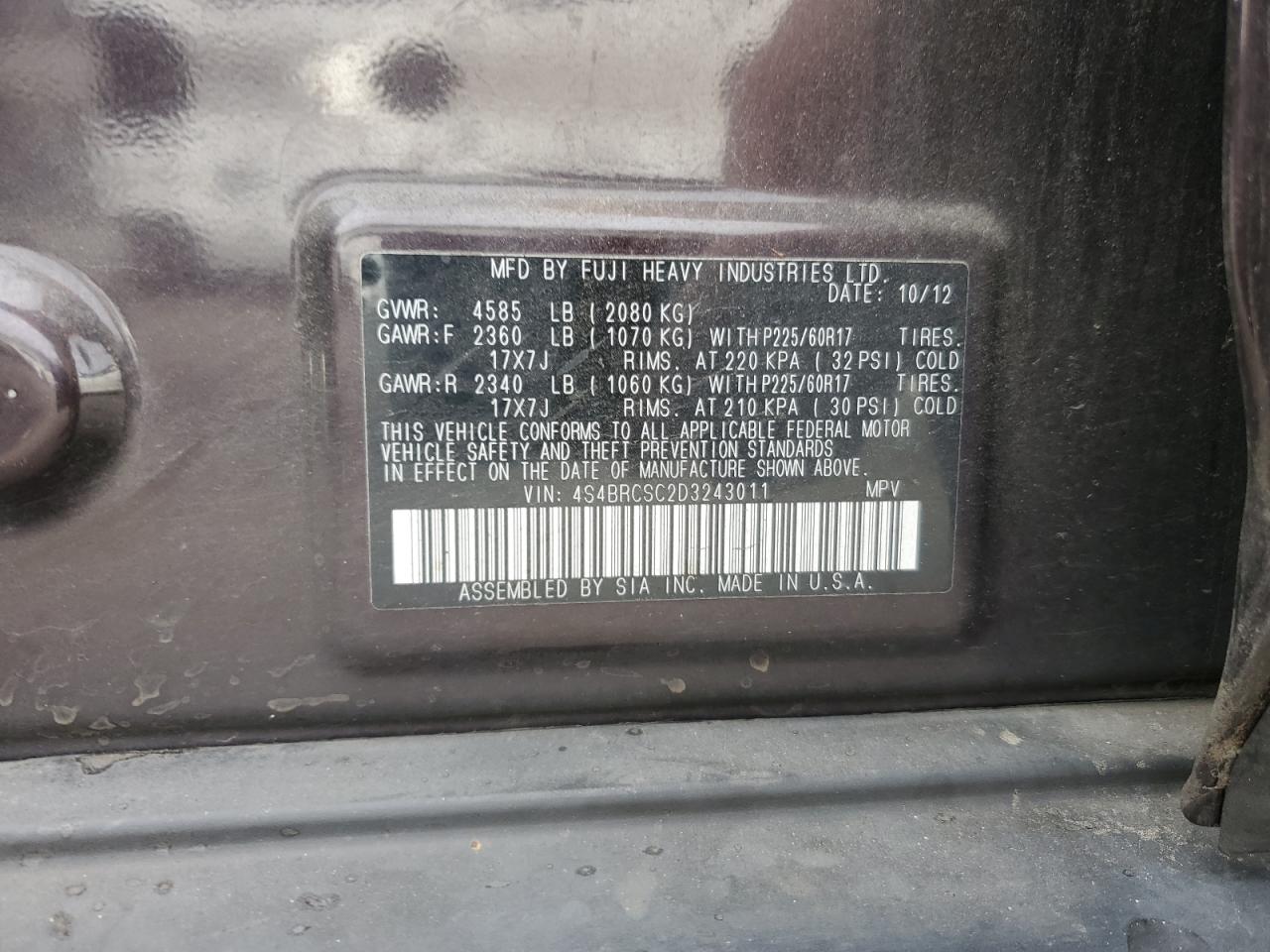 2013 Subaru Outback 2.5I Limited VIN: 4S4BRCSC2D3243011 Lot: 84802945