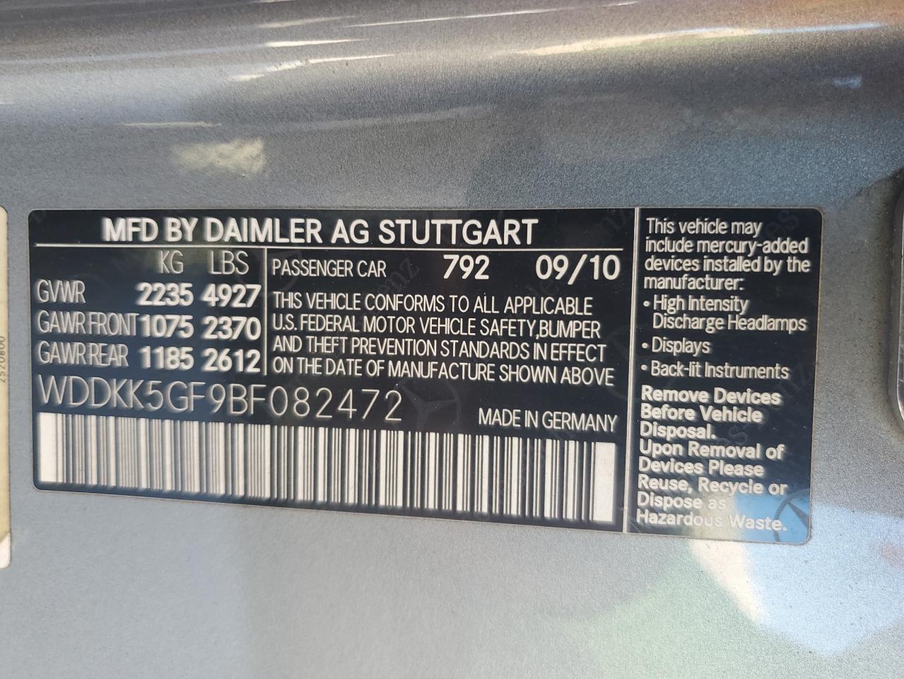 2011 Mercedes-Benz E 350 VIN: WDDKK5GF9BF082472 Lot: 87380485