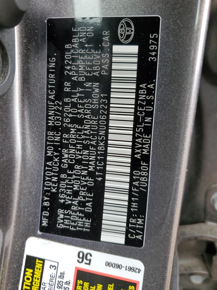 2022 Toyota Camry Le VIN: 4T1C11BK5NU062231 Lot: 84417985