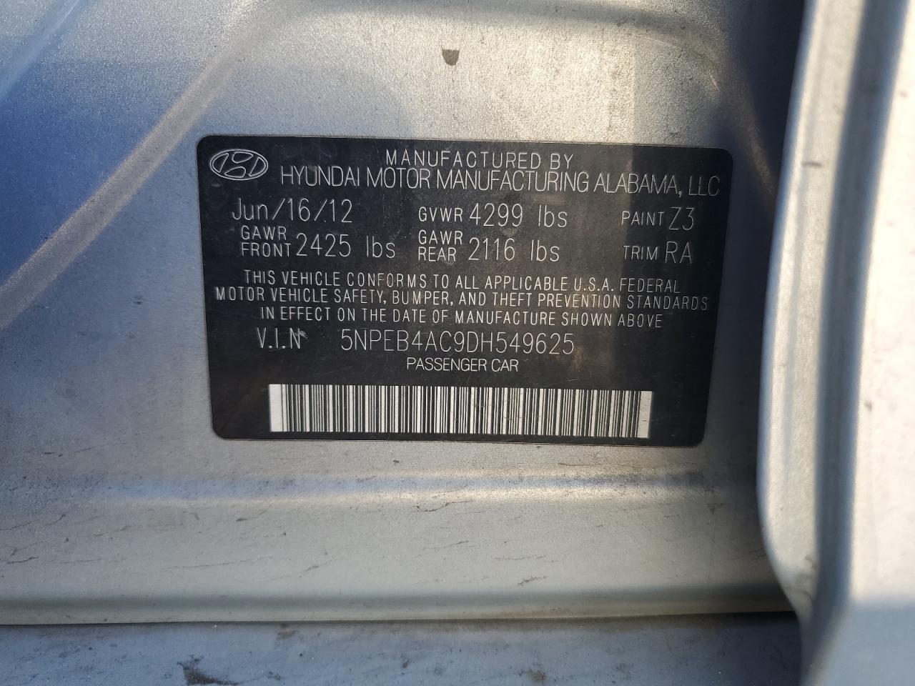 2013 Hyundai Sonata Gls VIN: 5NPEB4AC9DH549625 Lot: 85685555