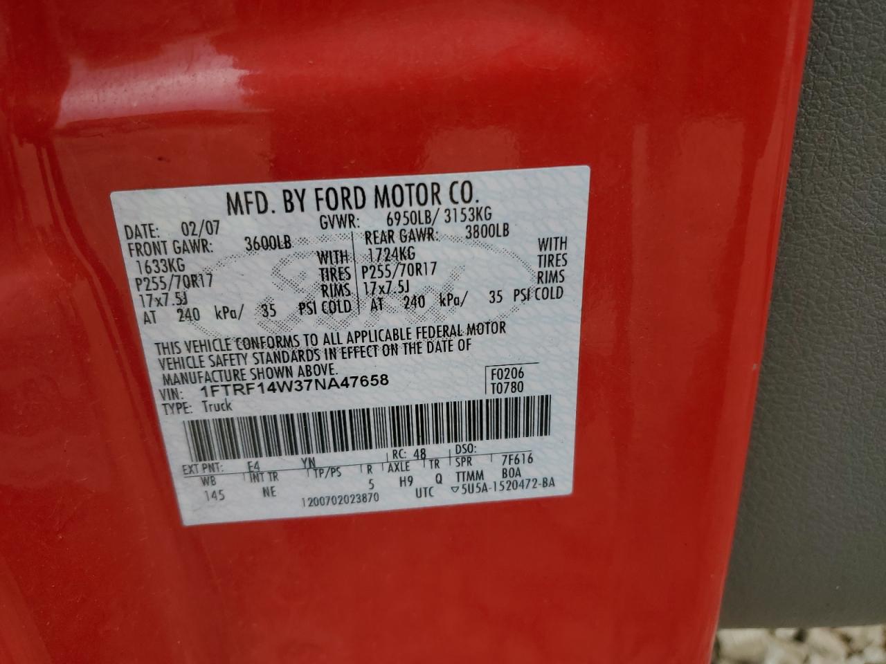 2007 Ford F150 VIN: 1FTRF14W37NA47658 Lot: 86135575