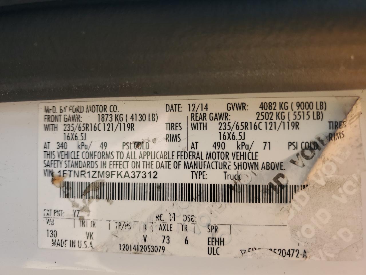 2015 Ford Transit T-250 VIN: 1FTNR1ZM9FKA37312 Lot: 85320365