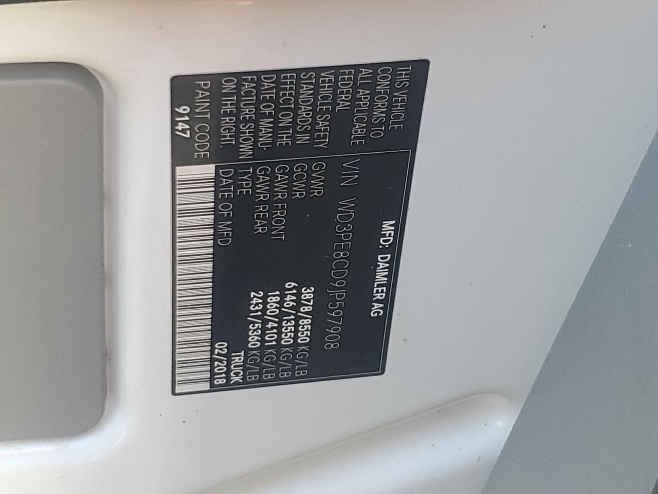 2018 Mercedes-Benz Sprinter 2500 VIN: WD3PE8CD9JP597908 Lot: 89641675