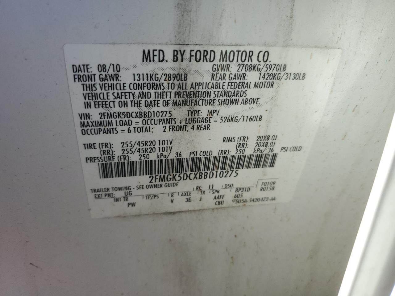 2011 Ford Flex Limited VIN: 2FMGK5DCXBBD10275 Lot: 90366305