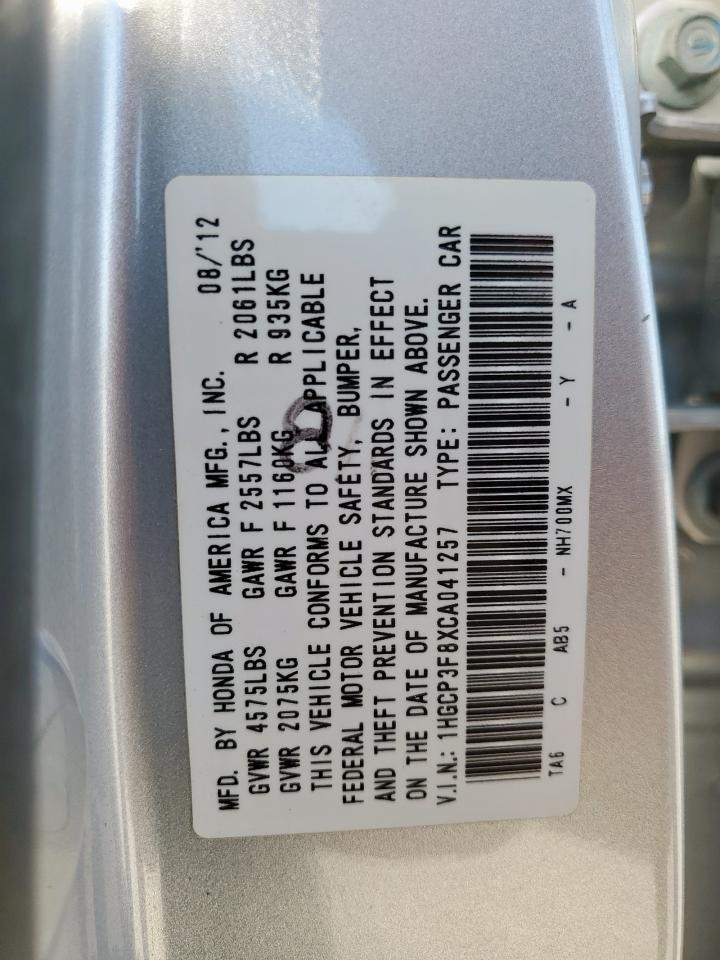 2012 Honda Accord Exl VIN: 1HGCP3F8XCA041257 Lot: 86100125