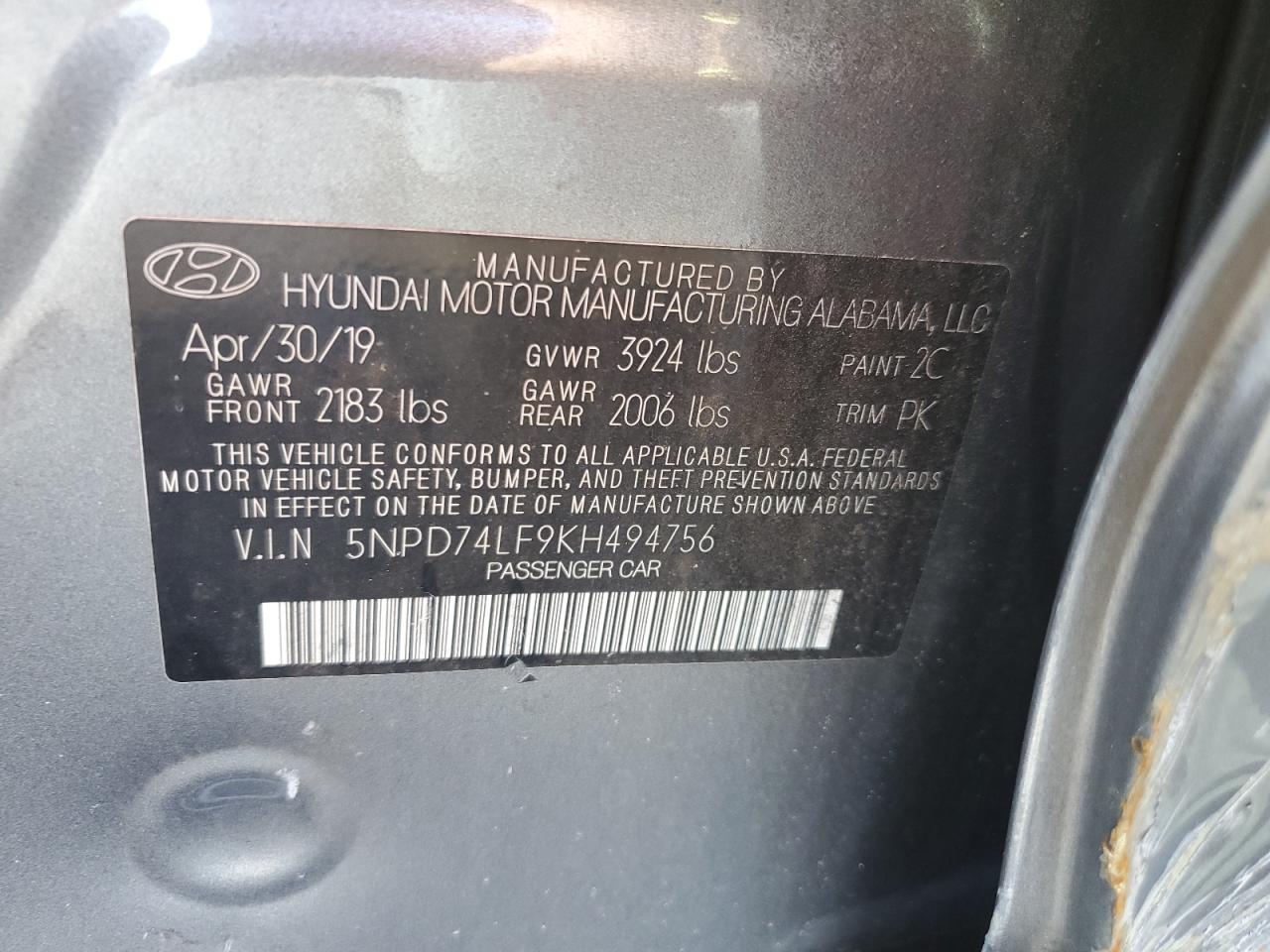 2019 Hyundai Elantra Se VIN: 5NPD74LF9KH494756 Lot: 85183375