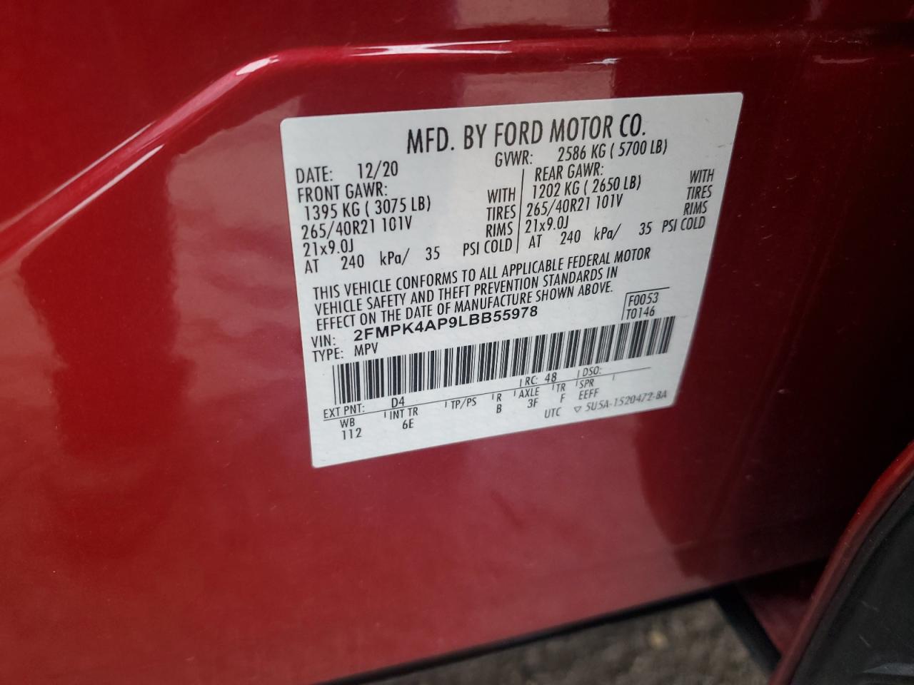 2020 Ford Edge St VIN: 2FMPK4AP9LBB55978 Lot: 82593135