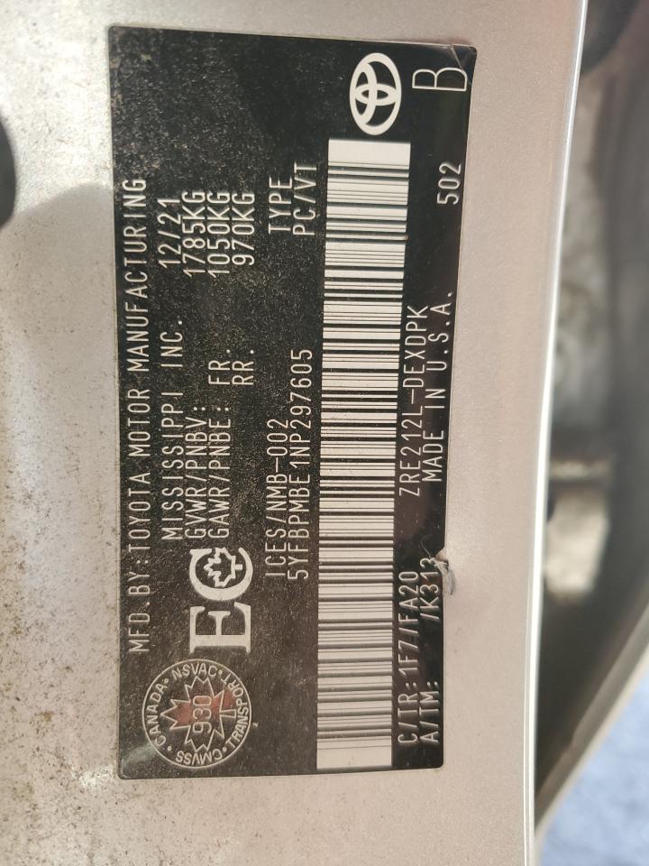 2022 Toyota Corolla Le VIN: 5YFBPMBE1NP297605 Lot: 86427105