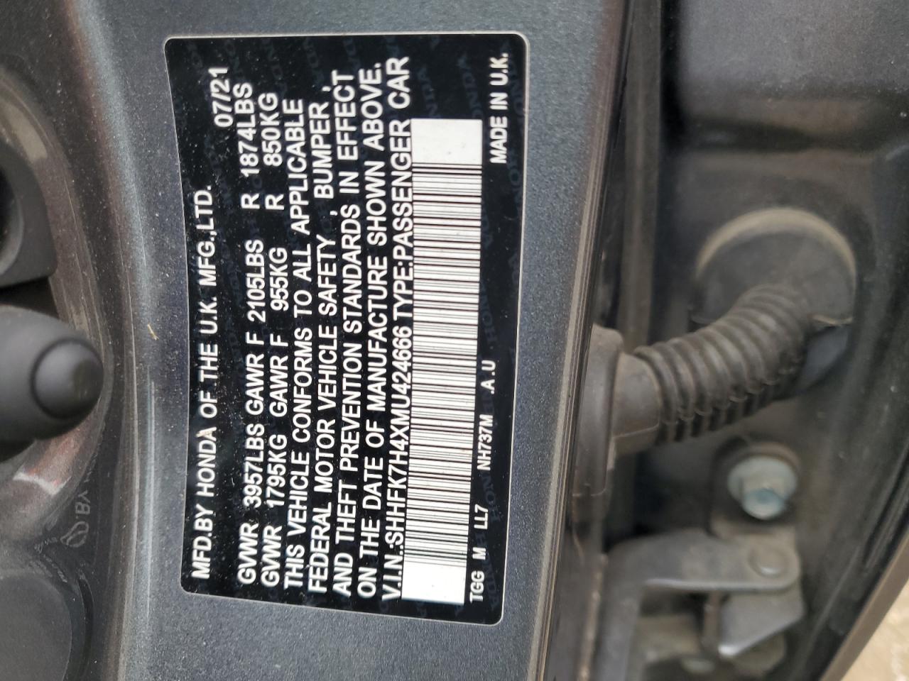 2021 Honda Civic Sport VIN: SHHFK7H4XMU424666 Lot: 81913485