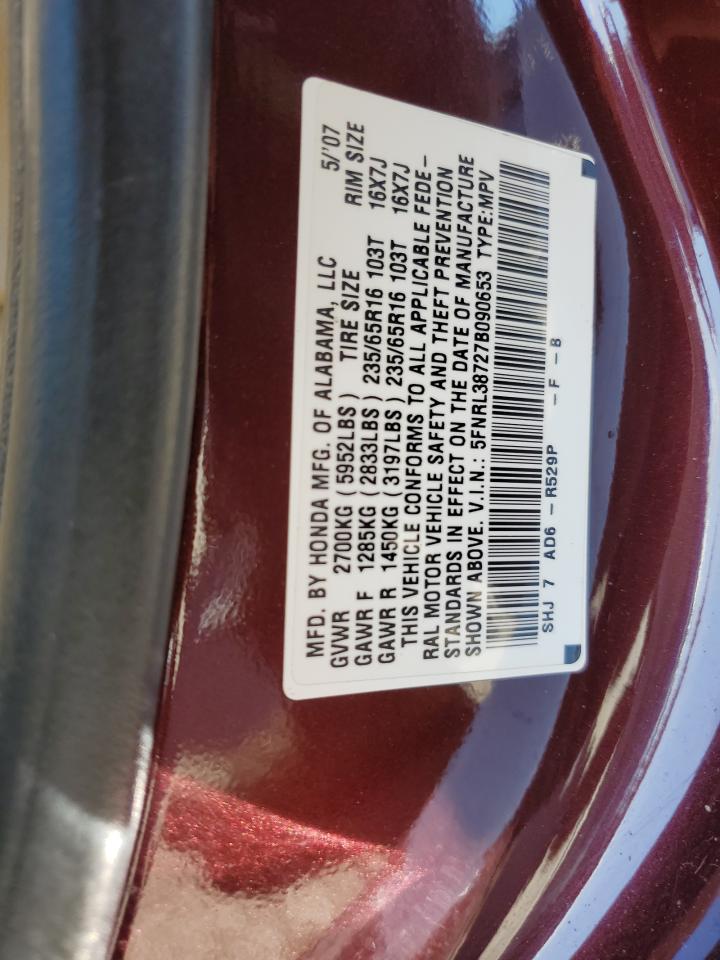 2007 Honda Odyssey Exl VIN: 5FNRL38727B090653 Lot: 85742435