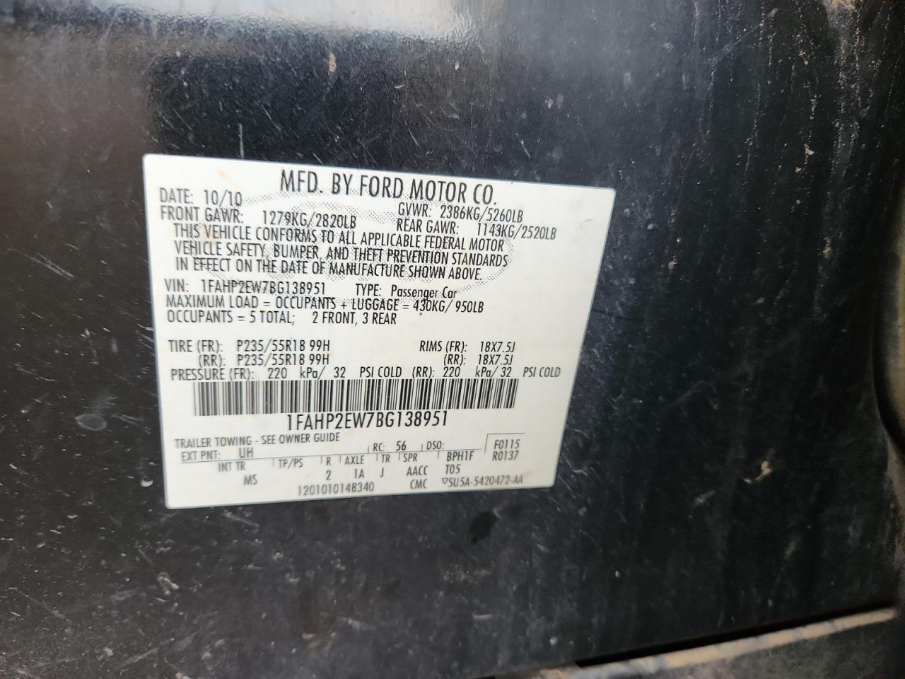 2011 Ford Taurus Sel VIN: 1FAHP2EW7BG138951 Lot: 82392515