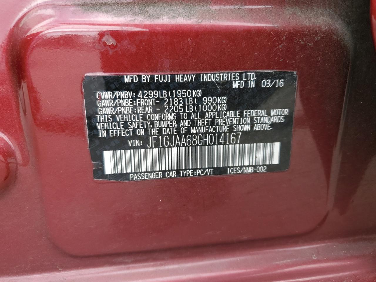 2016 Subaru Impreza VIN: JF1GJAA68GH014167 Lot: 84834995