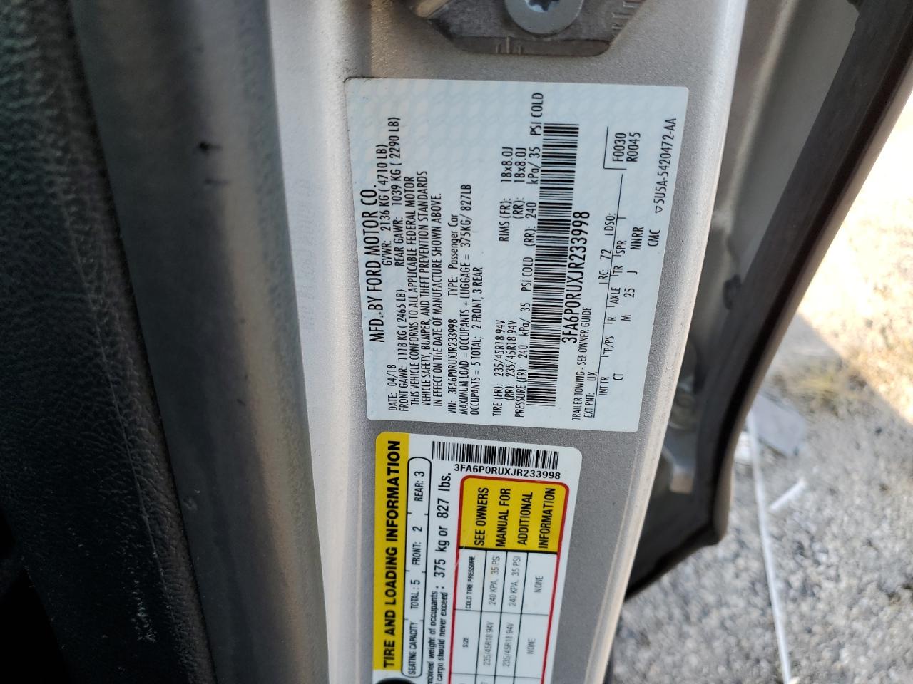 2018 Ford Fusion Titanium/Platinum Hev VIN: 3FA6P0RUXJR233998 Lot: 81737295