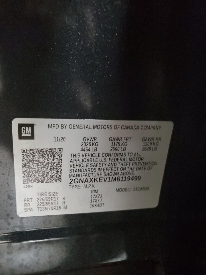 2021 Chevrolet Equinox Lt VIN: 2GNAXKEV1M6119499 Lot: 86986975