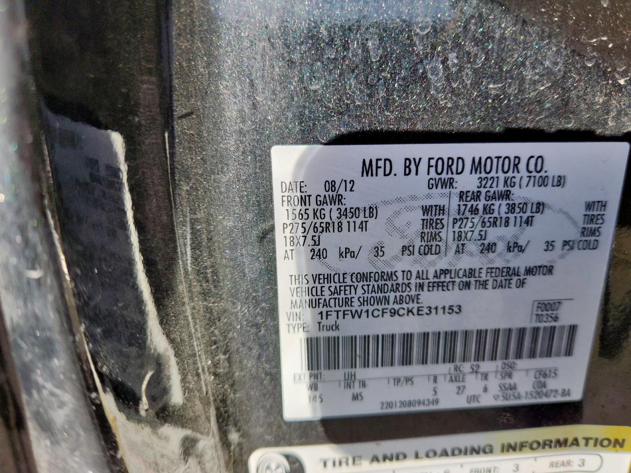 2012 Ford F150 Supercrew VIN: 1FTFW1CF9CKE31153 Lot: 90394025