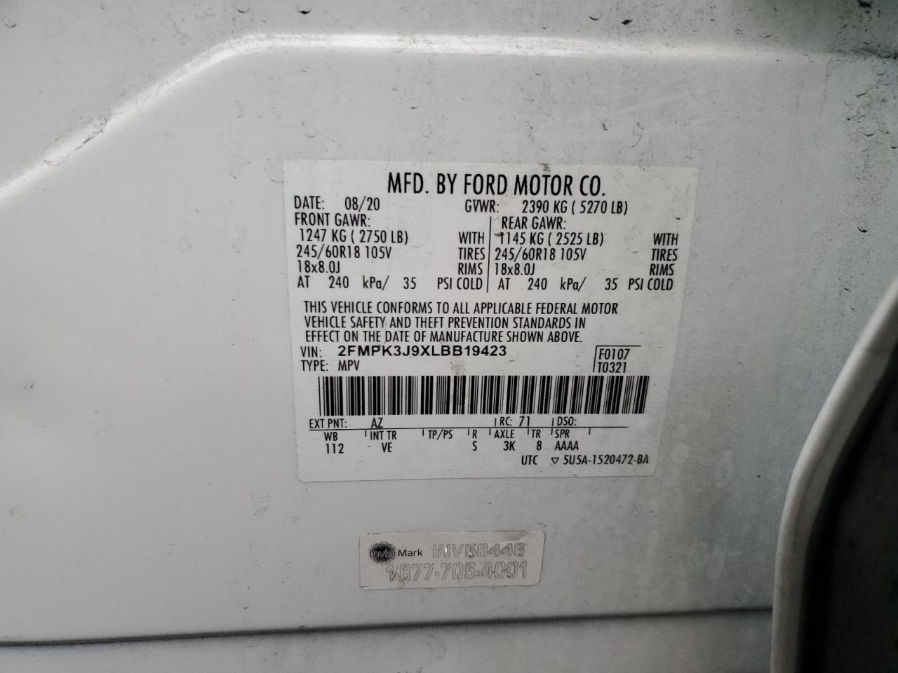 2020 Ford Edge Sel VIN: 2FMPK3J9XLBB19423 Lot: 85929495