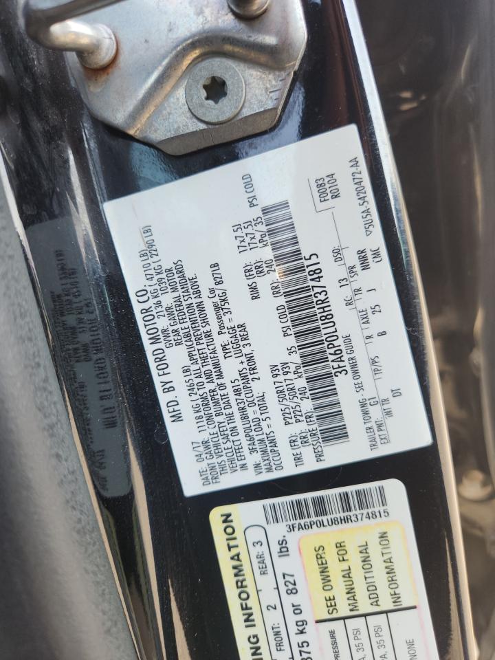 2017 Ford Fusion Se Hybrid VIN: 3FA6P0LU8HR374815 Lot: 82540255