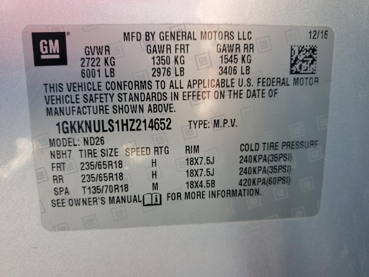 2017 GMC Acadia Slt-1 VIN: 1GKKNULS1HZ214652 Lot: 84363855