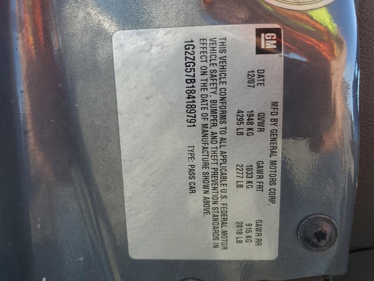 2008 Pontiac G6 Base VIN: 1G2ZG57B184189791 Lot: 89612415