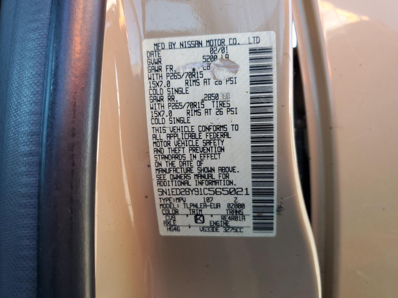 2001 Nissan Xterra Xe VIN: 5N1ED28Y91C565021 Lot: 84814475