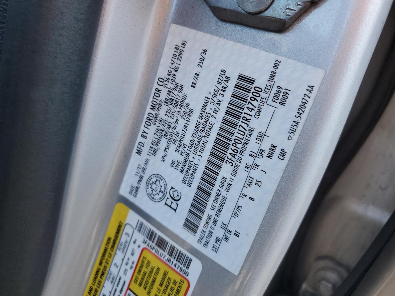 2018 Ford Fusion Se Hybrid VIN: 3FA6P0LU7JR147900 Lot: 84427755